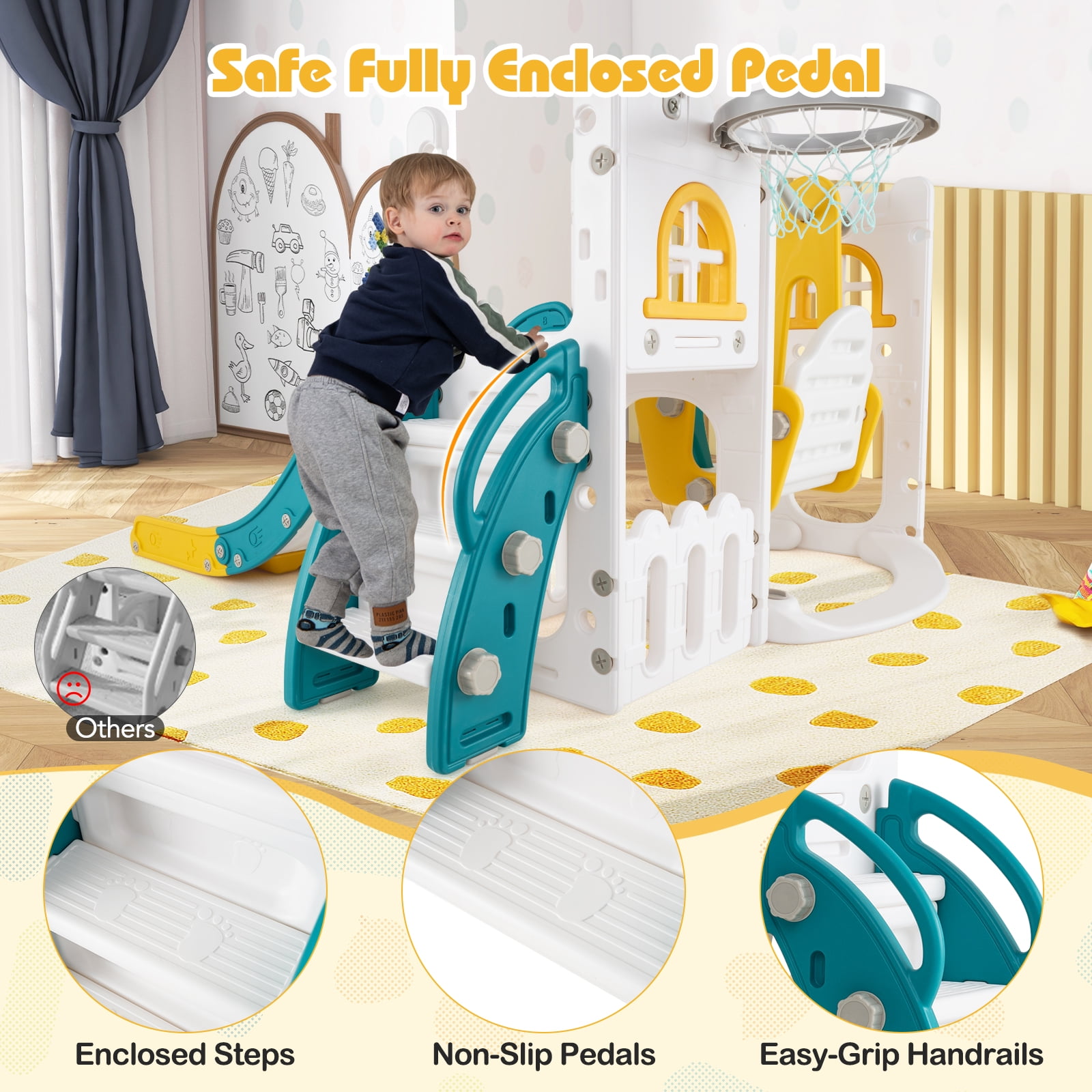 Patiojoy 7 in 1 L-shaped Toddle Swing and Slide Set Freestanding Toddler Slide Playset w/ Swing Yellow
