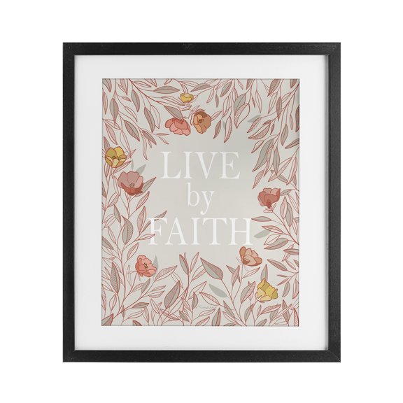 Live By Faith Rosy Florals Black Framed Print Under Glass, design by Kelley Talent