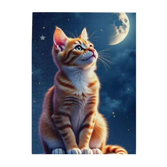 500 Piece Jigsaw Puzzle For Adults Orange Kitten Under The Moon Challenging & Relaxing Adult Puzzle Unique Artwork Great Gift Idea Home Decor