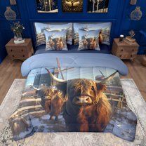 Homewish Highland Cattle Twin Bedding Sets 7-Piece for Teenagers,Farmhouse Animal Bedding Comforter Set Microfiber,Vintage Windmill Cabin Breathable Sheet Sets,Lightweight Room Decor,Reversible