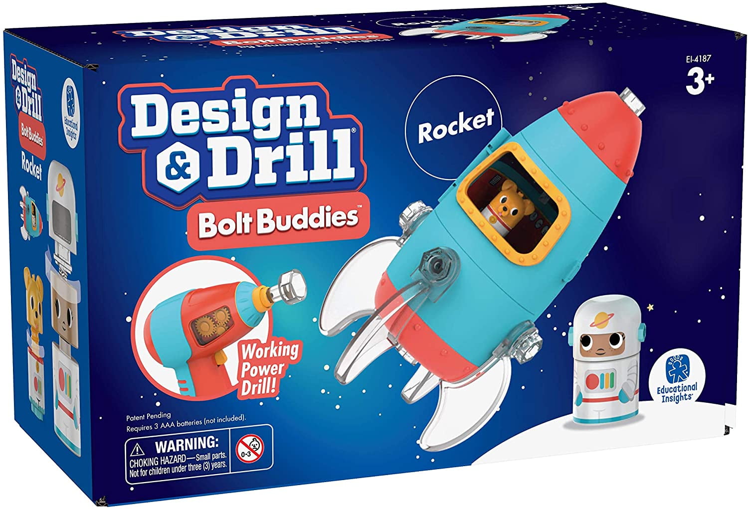 Educational Insights Design & Drill Bolt Buddies Rocket Play Set Take Apart Toys with Electric Drill & 15 Pieces, STEM Toy for Ages 3+