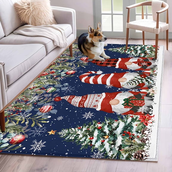 Navy Blue Christmas Area Rug 4x6 Washable Rug Non Slip Gnomes Xmas Tree Poinsettia Eucalyptus Large Area Rug Indoor Floor Carpet for Entryway Bedroom Kitchen Living Room Office Dining Room Nursery