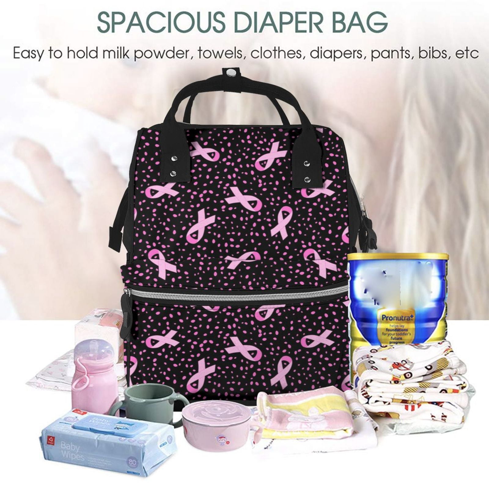 Ratiio Breast Cancer Awareness3 Mummy Backpack - Waterproof Twill Canvas, Large Capacity Diaper Bag with Multiple Pockets and Adjustable Straps