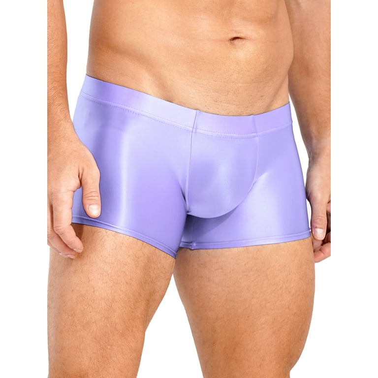 IEFIEL Mens Shiny Glossy Boxer Briefs Underwear Solid Color Low Rise Boxers Underpants Swimming Trunks Light Purple L
