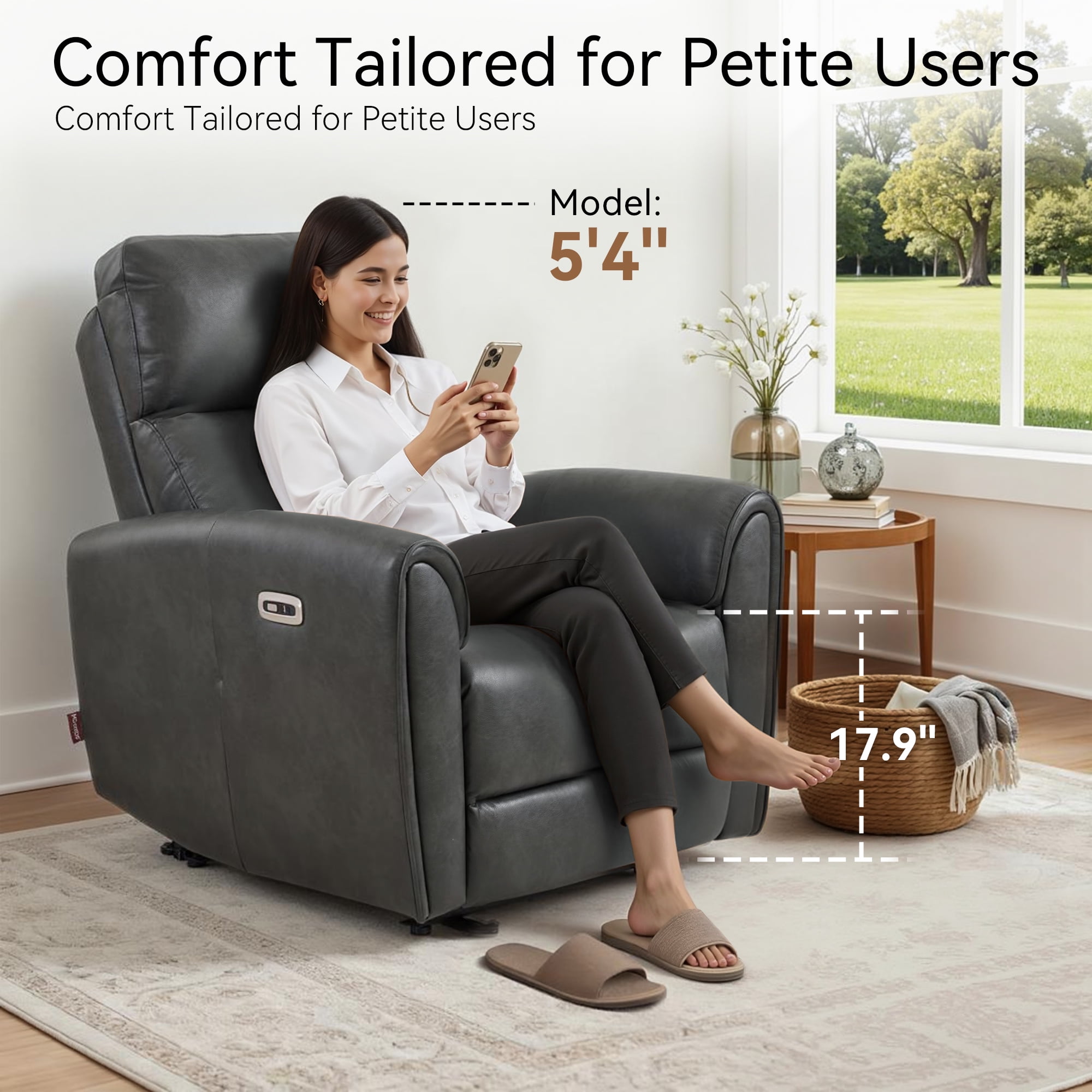 MCombo Zero Wall Hugger Power Recliner Chair for Small Spaces, FSC Certified, Faux Leather, Dark Grey