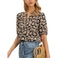 thumbnail image 4 of Boho Floral Blouse for Women's Button Up V Neck Dressy Casual Short Sleeve Tops L Black, 4 of 6