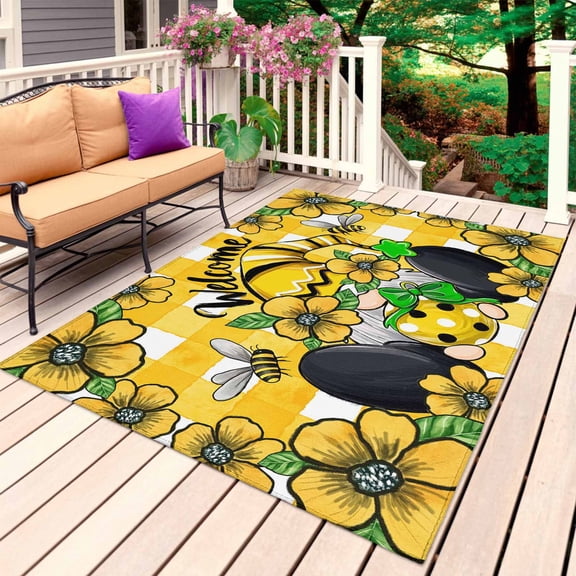 Flower Gnomes Outdoor Rug for Patio/Deck/Porch, Non-Slip Large Area Rug 6 x 9 Ft, Yellow Botanical Floral Plaid Star Bee Indoor Outdoor Rugs Washable Area Rugs, Reversible Camping Rug Carpet Runner