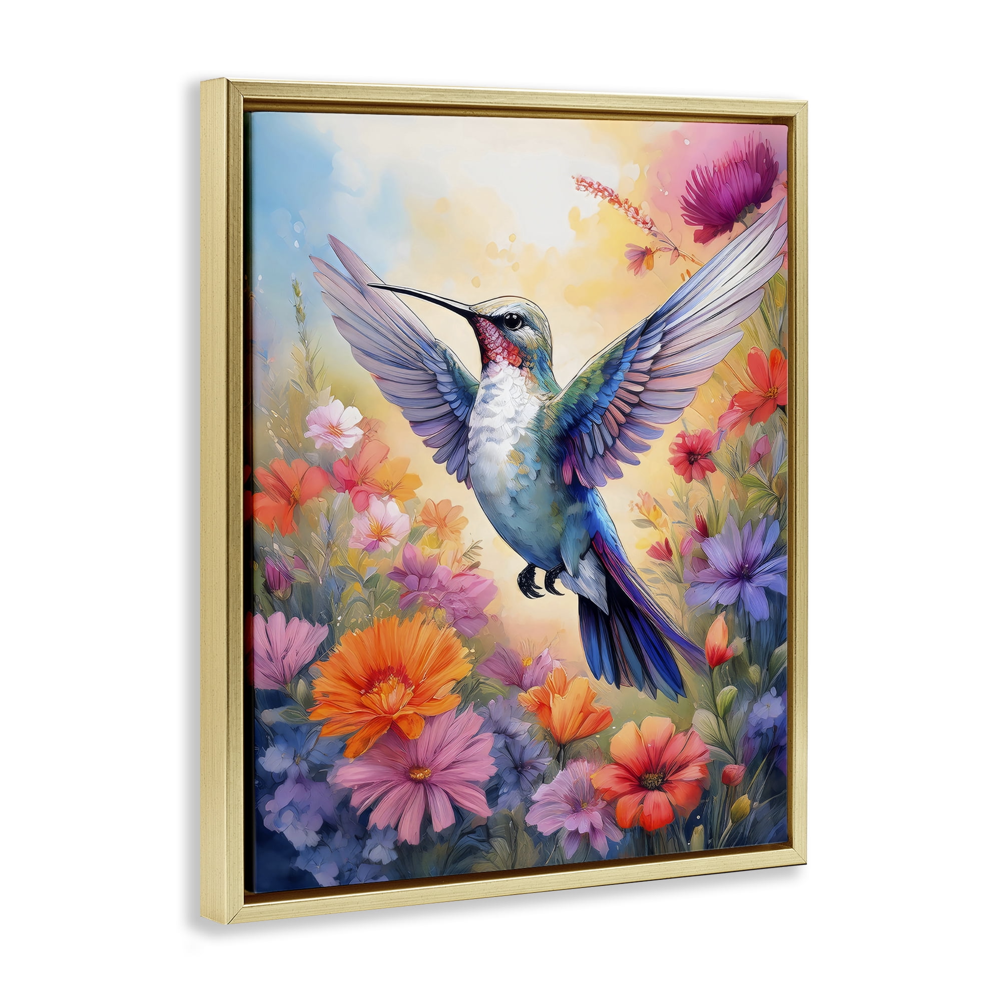 Stupell Industries Colorful Hummingbird in Bloom Gold Framed Floater Canvas Wall Art, design by Creative Studio