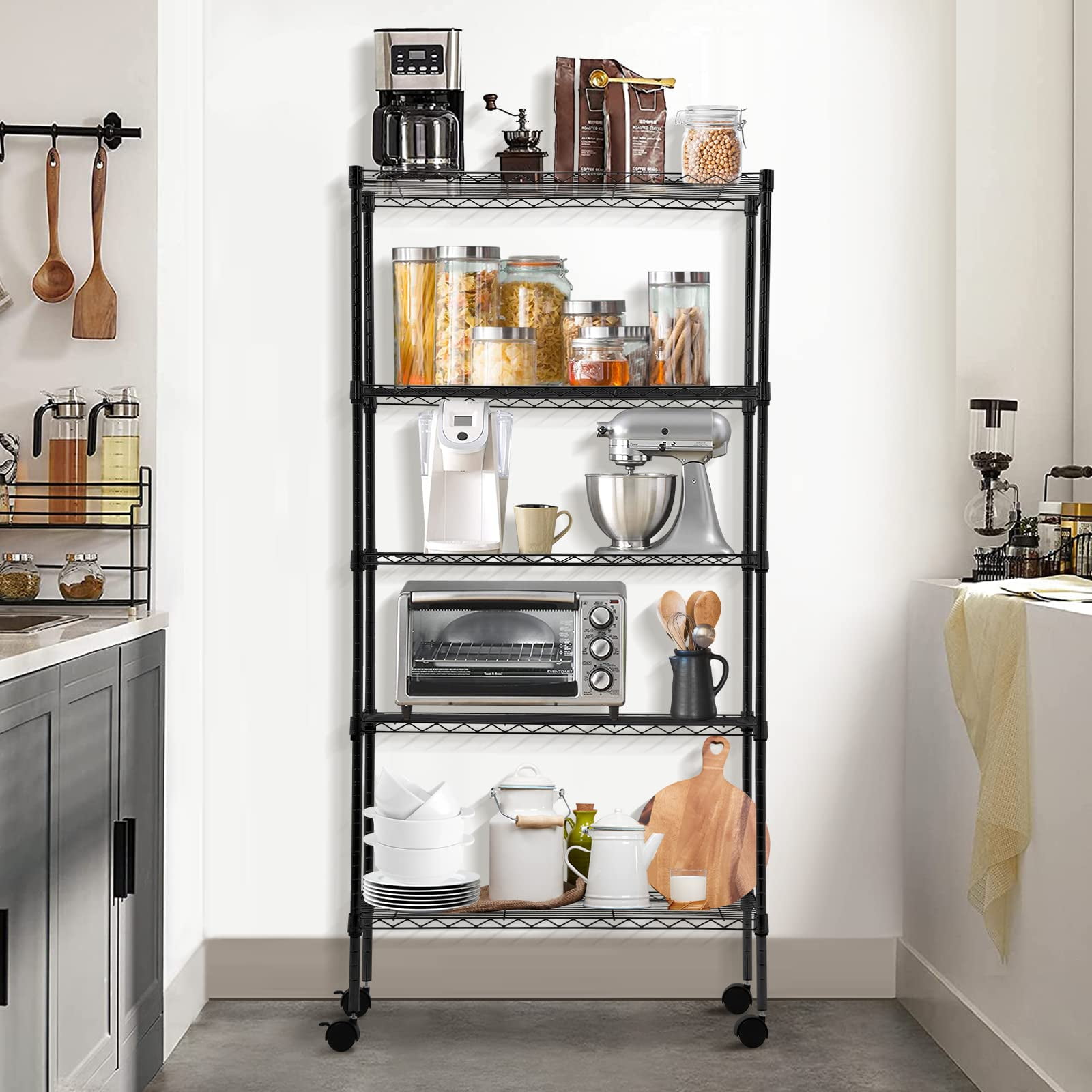 NiamVelo Storage Shelves 5-Tier Wire Shelving Unit with Wheels ,  Adjustable  Metal Shelves Heavy Duty NSF Garage Shelves  750 lbs Capacity (Black)