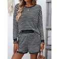 thumbnail image 6 of 2 Piece Sets for Women Summer Cute Stripe Long Sleeve Knit T Shirts Shorts Matching Lounge Set Black S, 6 of 8