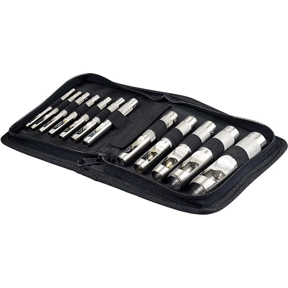 SE Heavy-Duty 12-Piece Hollow Leather Punch Set - High Carbon Steel, Machined Grip, 1/8" to 3/4" Sizes - Includes Zipper Pouch for Gasket, Leather, and Light Metal Work - 791LP