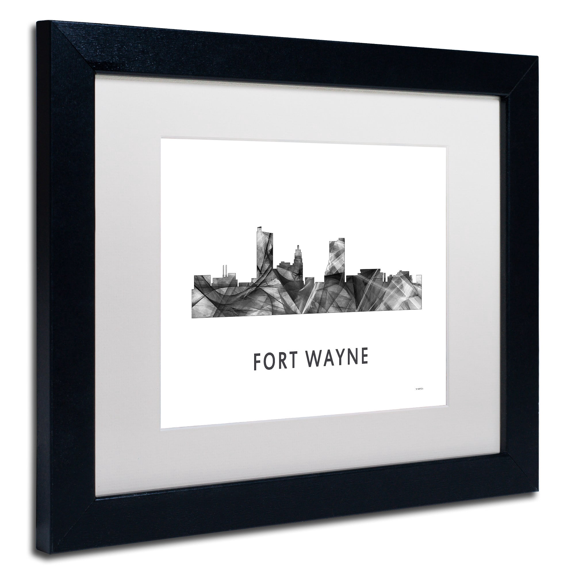 Trademark Fine Art 'Fort Wayne Indiana Skyline WB-BW' Canvas Art by Marlene Watson, White Matte, Black Frame