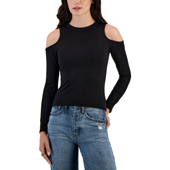 Juniors' Crewneck Cold-Shoulder Ribbed Top Black S