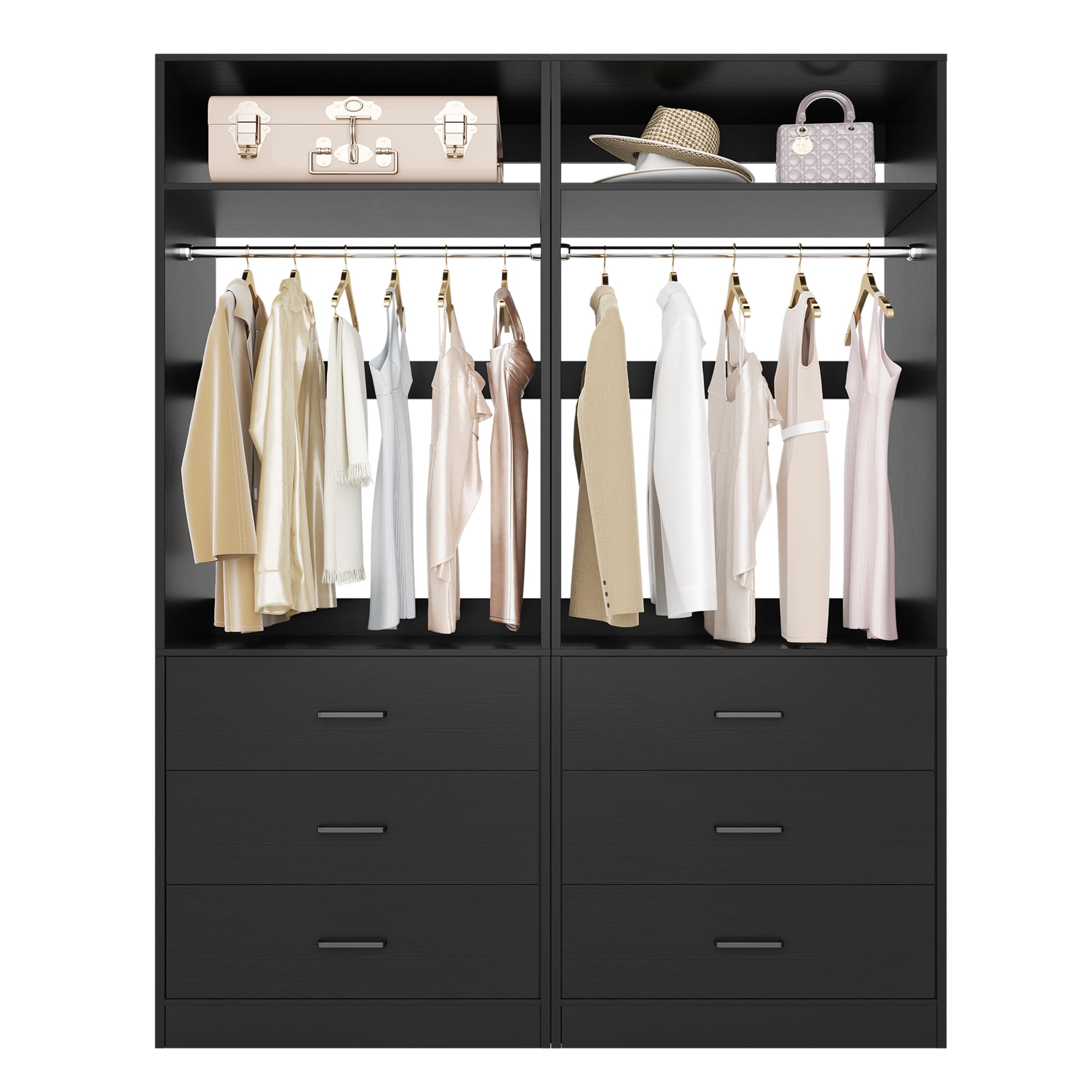 Homieasy 4FT (48 Inch) Closet Organizer System,Set of 2 - 6 Wood Drawers, 2 Hanging Rods & 2 Shelves, Heavy Duty Walk-in Closet Storage,Black