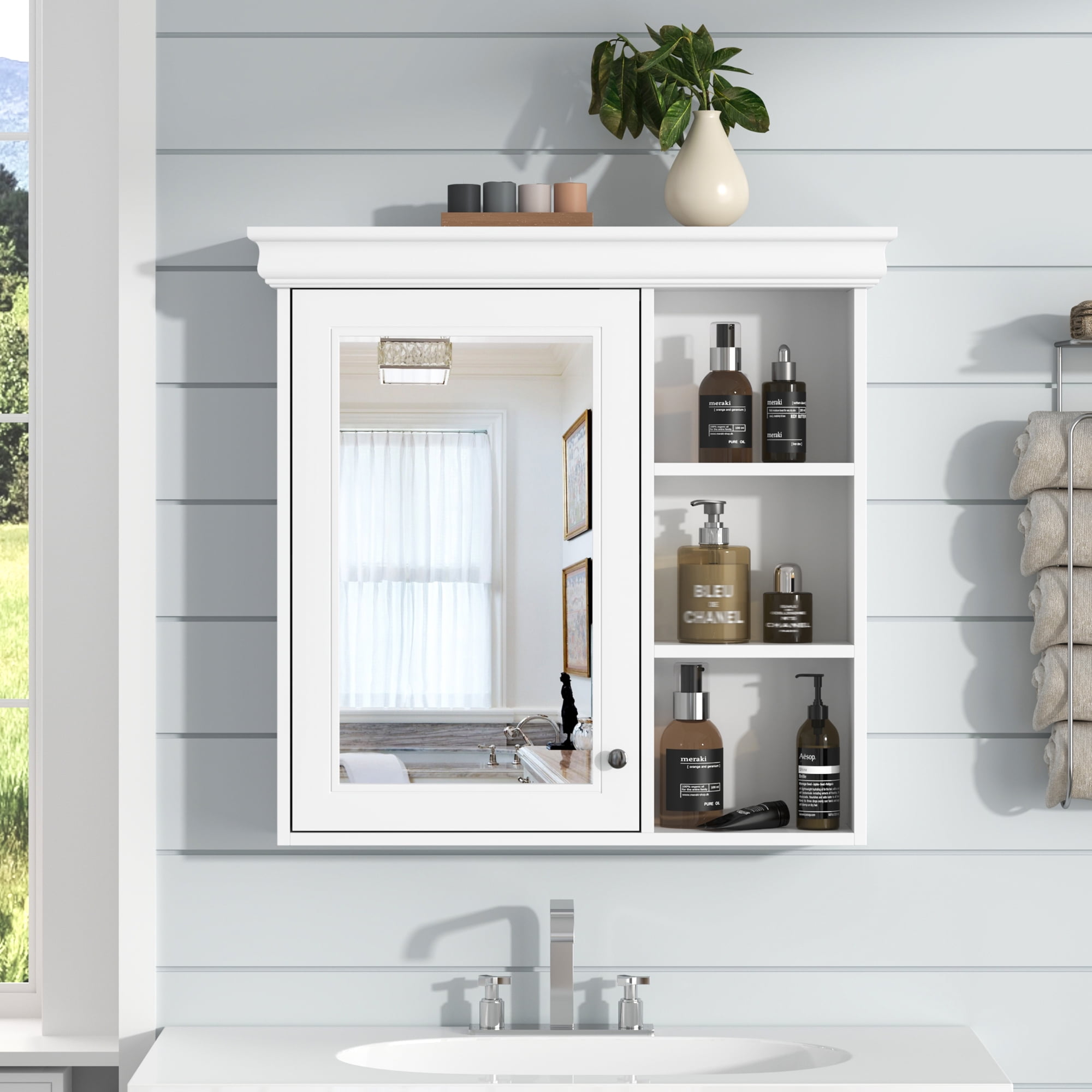 Euroco Wall-Mounted Bathroom Mirror Cabinet with Adjustable Shelf, Soft-Close Hinges, and Storage for Over Toilet or Sink