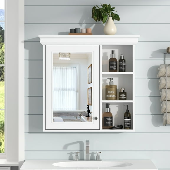 Nmkwnr 30" x 28" Bathroom Wall Cabinet with Mirror and Shelf, Wall MountedStorage Cabinet for Bathroom, Living Room, White