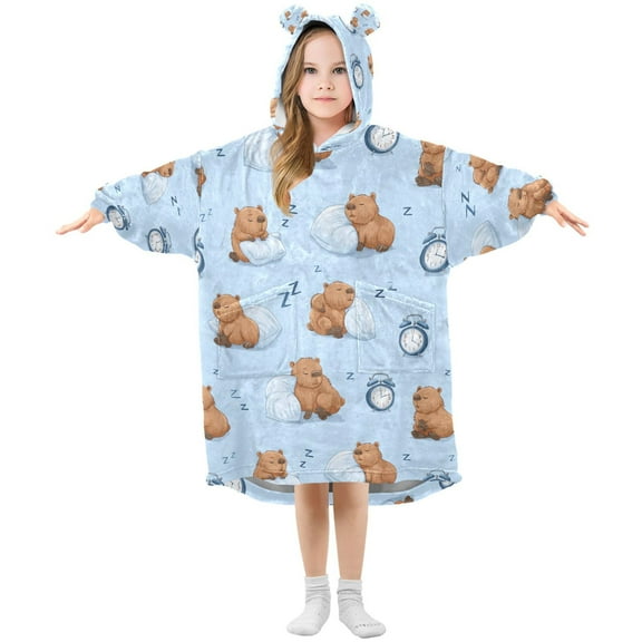Wearable Blanket Hoodie for Sleeping Capybara Flannel Hooded Blanket with Pockets and Sleeves Suitable