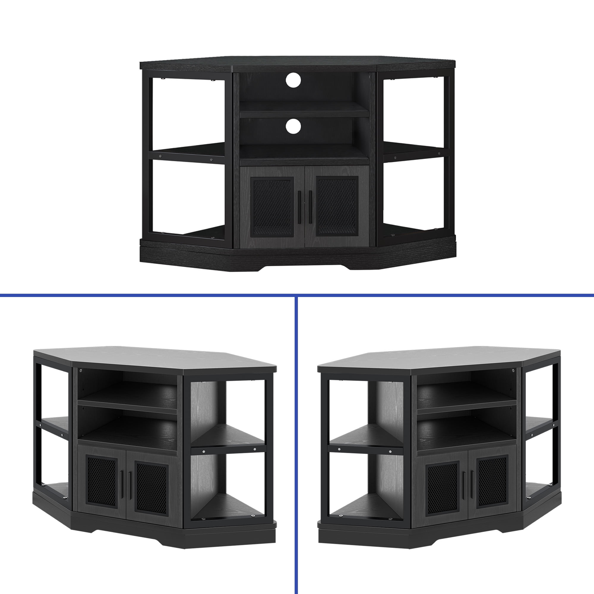 Wooflex Black Entertainment Center, 55" TV, Modern Farmhouse, Adjustable Shelves, Freestanding