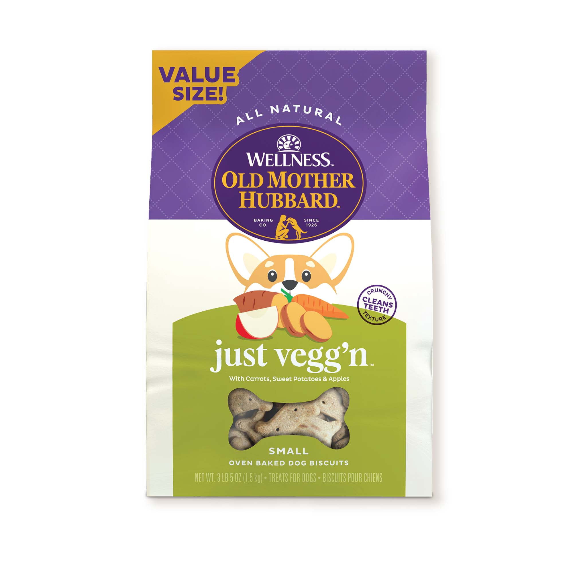 Wellness Old Mother Hubbard Classic Just Vegg'n Dog Biscuits, Natural Training Treats, Sweet Potato, Oats, Apple and Carrot Flavor, Small Size, 3.3 lb Bag