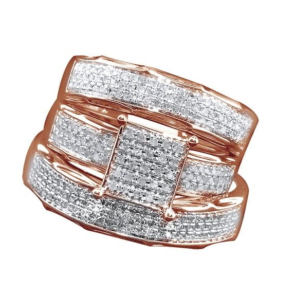 AFFY White Natural Diamond Wedding & Engagement Trio Band Ring Set In 10k Rose Gold (0.77 Cttw)