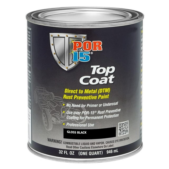Por 15 Paint 45804 Gloss Black in a 1-quart can, designed for coating storage tanks, machinery, structural steel, steel doors, fire escapes, and conveyors. This direct-to-metal rust preventive paint offers excellent adhesion, long-term gloss and colour retention, and requires no primer or undercoat. The can features a multicolour label with the POR-15 logo and product details.