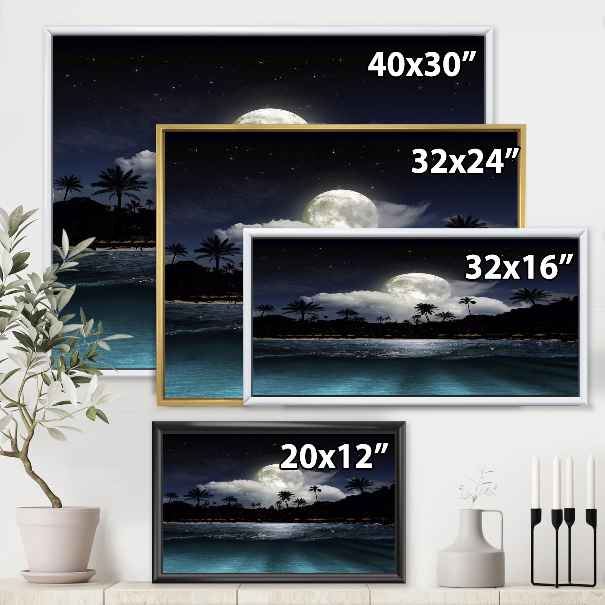 Designart 'Green Beach Under Tropical Full Moon' Modern Framed Canvas Wall Art Print