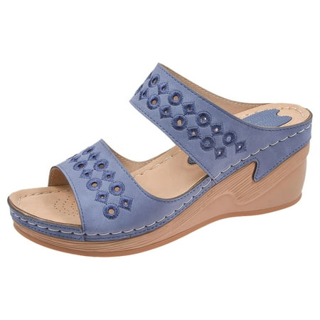 

Ediodpoh In Stock Summer New Dual Color Wear and Anti Cow Tendon Sole Comfortable Massage Breathable High Heeled Women s Sandals Sandals Women Blue 7(38)