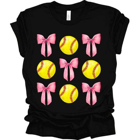 Trenz Shirt Company Coquette Softball and Bows Womens Short Sleeve T-shirt-Black-3X-Large
