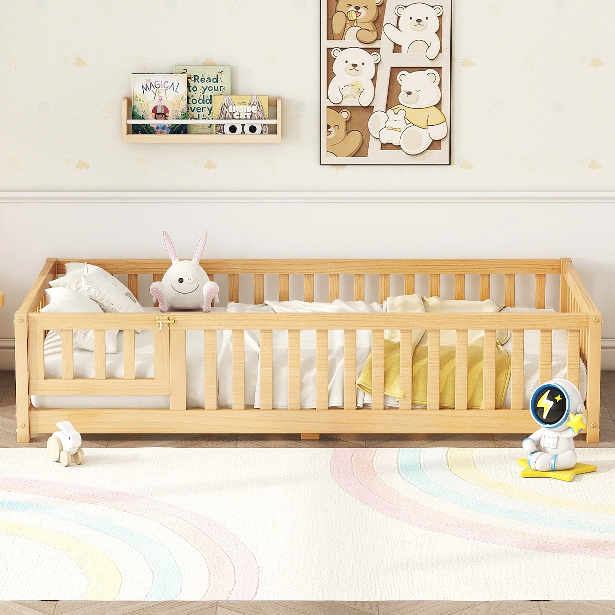 Bellemave Montessori Twin Size Solid Wood Floor Bed with Fence and Door, Twin Montessori Floor bed, Floor Bed Twin, Natural