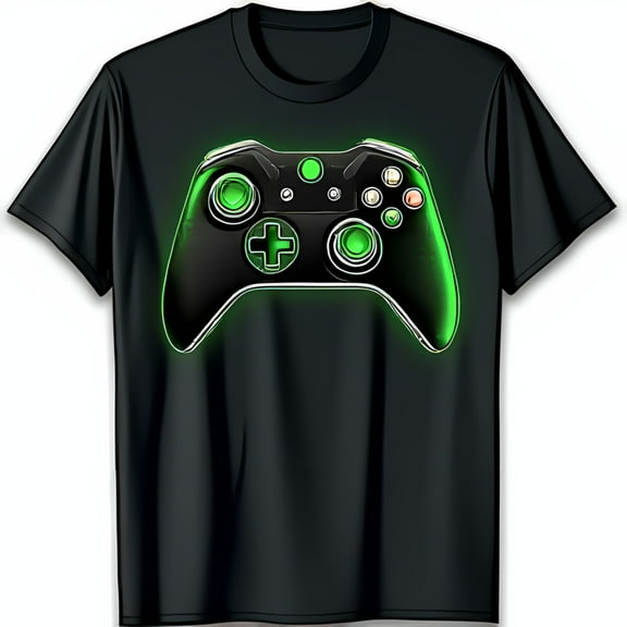 Minimalist Black T-Shirt with Green Controller Graphic for Gamers