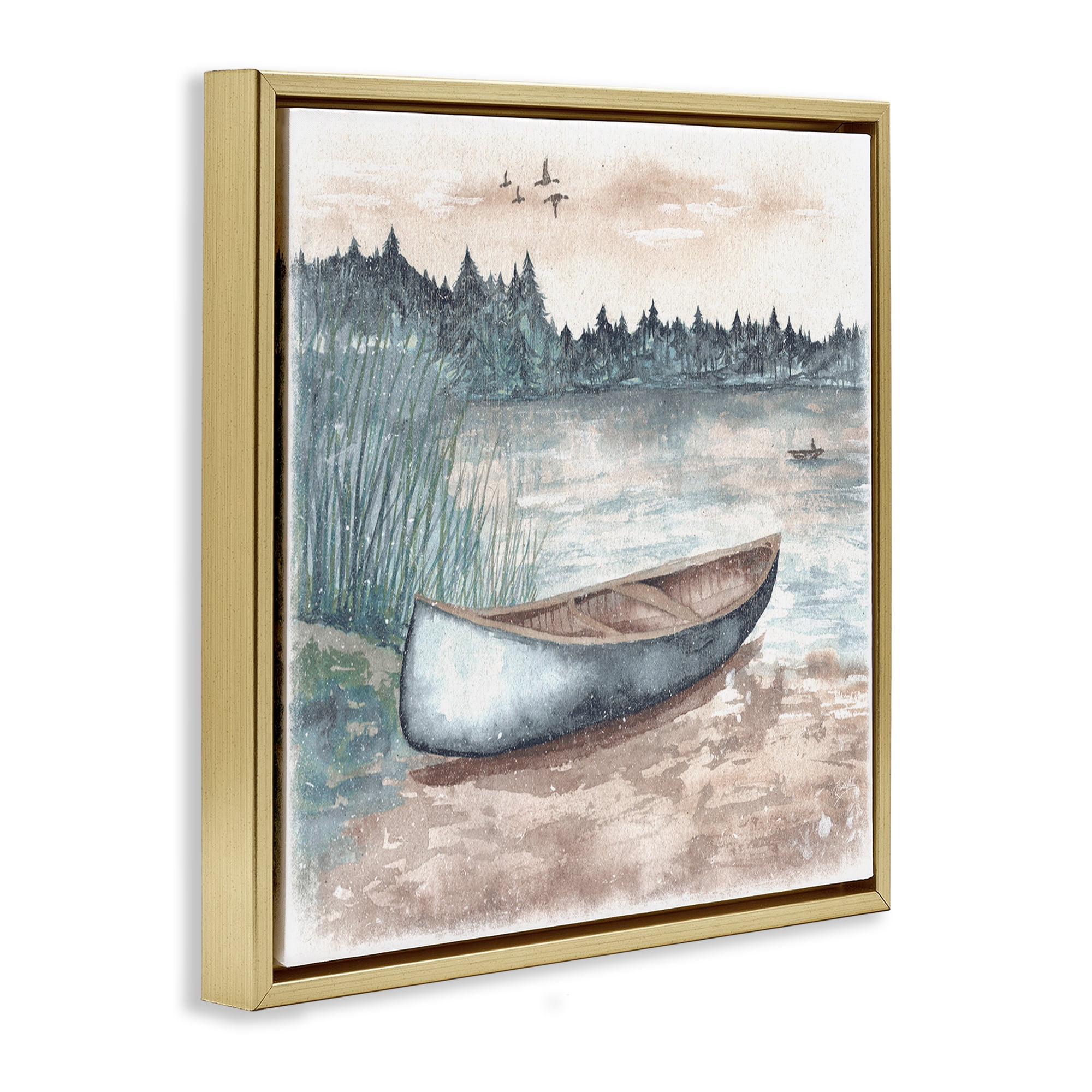 Stupell Industries Canoe on Lake Shore Landscape Painting Gold Floater Framed Canvas Art Print Wall Art, 25 x 25