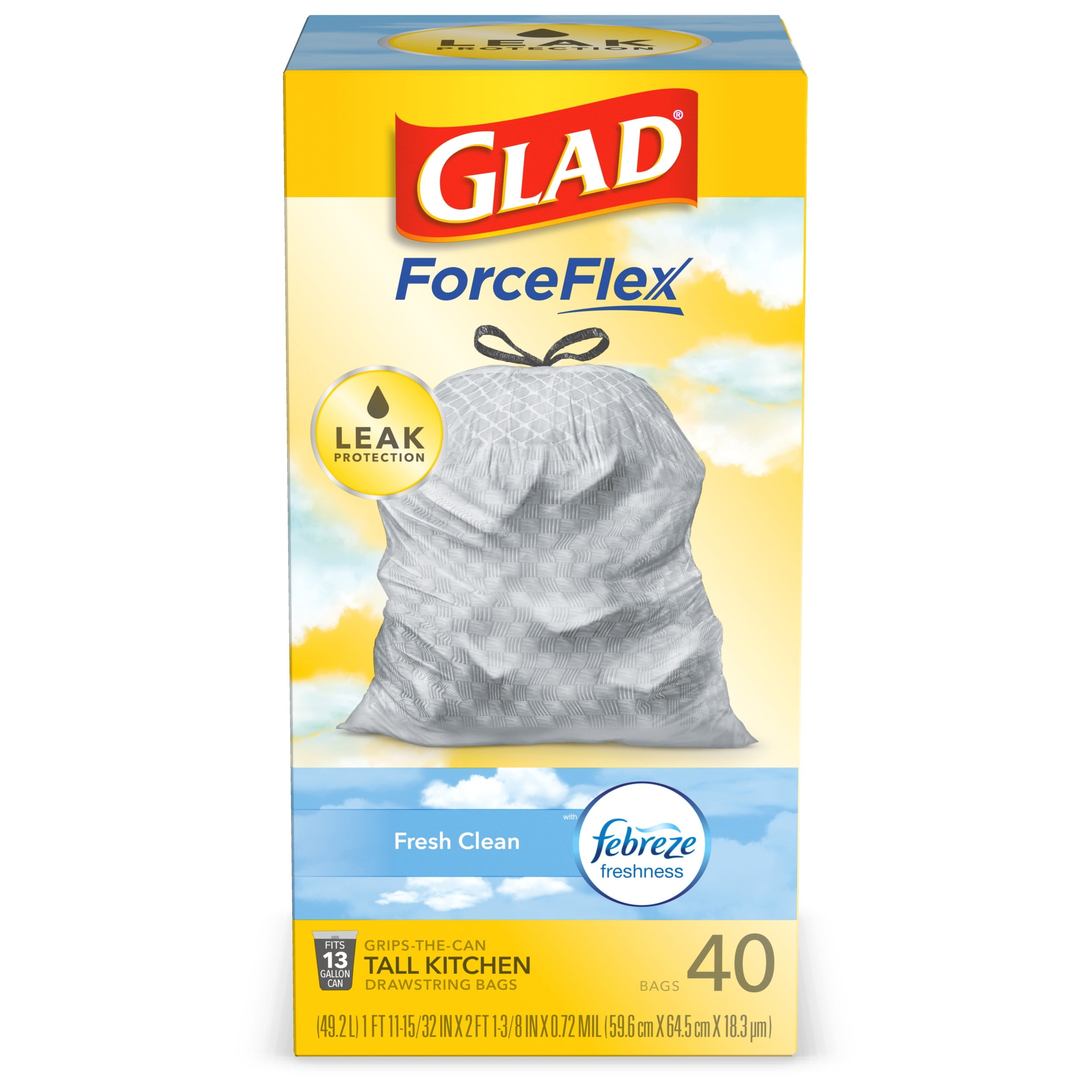 Glad Tall Kitchen Trash Bags, 13 Gallon, 40 Bags (ForceFlex, Fresh