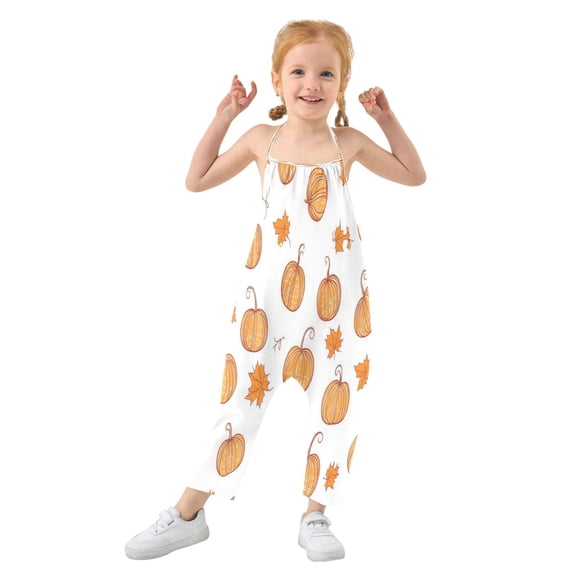 Girls' Jumpsuits Rompers Summer Casual Sleeveless Rompers With Pockets Spaghetti Strap Romper Orange Pumpkins and Leaves 1T