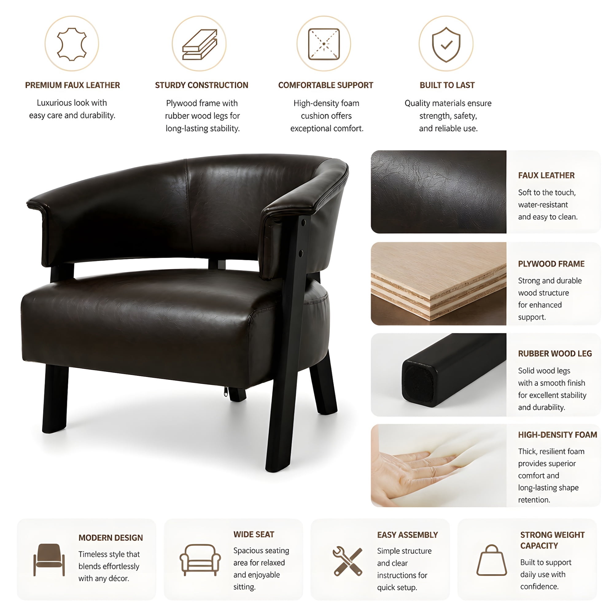 Leumius Faux Leather Wingback Accent Chair, Wrap-Around Back Upholstered Armchair with Solid Wood Legs, Single Sofa Reading Chair for Bedroom Living Room, Brown