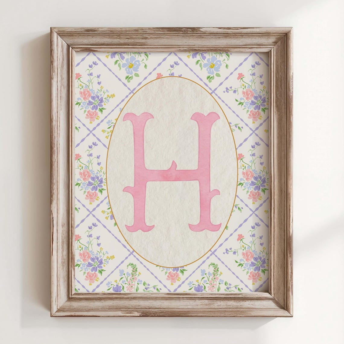 Letter H Print Nursery Art Floral Cottagecore Decor Grandmillennial Girl Room Pink Monogram Initial Gift Idea Wall Art Modern Wall Decor