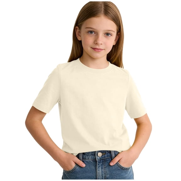 Girls Basic Tees Size 12-14 Short Sleeve Summer Casual T Shirt Tops School Crew Neck Fashion Kids Tshirts 12 Years, Beige