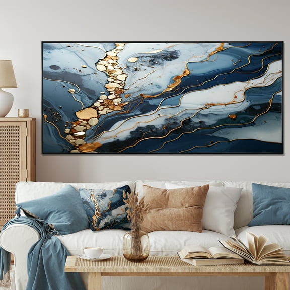 Designart "Marble River in Blue and Gold II" Oversized Abstract Framed Wall Art - Modern Gold Abstract Marble Hallway Framed Wall Art Decor