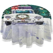 SKYSONIC 60" Christmas Tree Round Tablecloth Retro Car Gifts Table Cloth Cover Mat Washable Polyester Dining Decorative for Holiday Home Picnic Party Wedding