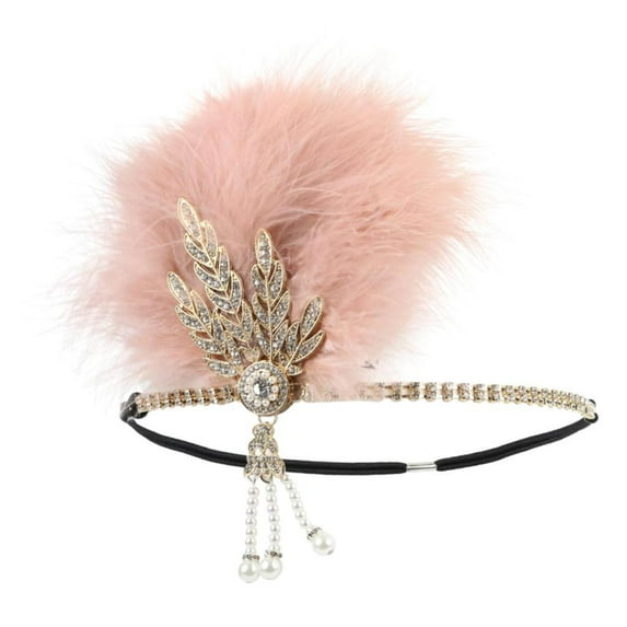 Ladies 1920s Headband 20s Feather Beaded Hair Band Headband Headdress Costume Cocktail Accessories - Pink, 14cm