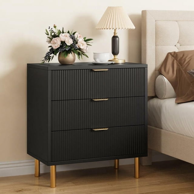 Cómoda moderna de madera con 3 cajones acanalados – Diseño Art Deco – Patas y tiradores metálicos – Almacenaje para dormitorio, salón