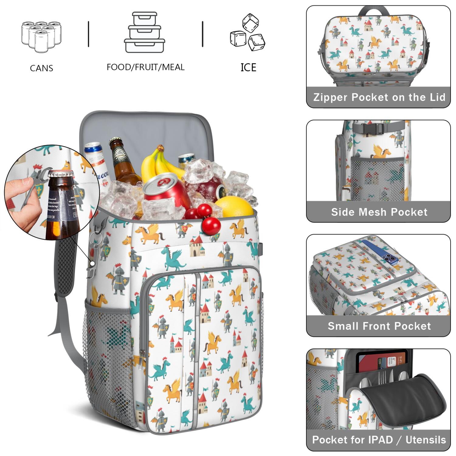 Travel Cooler Bag - White Cartoon KnightsCastles Pattern Camping Beer Cooler Backpack with Bottle Opener- Waterproof Insulated Picnic Backpacks - Cooler Bag for Beach