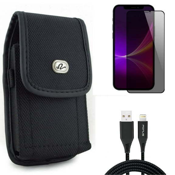 10ft USB Cable & Privacy Screen Protector & Case Belt Clip for iPhone 13 Pro Max ONLY - Charger Cord Power Wire   Tempered Glass Curved Anti-Spy   Rugged Holster Canvas Combo