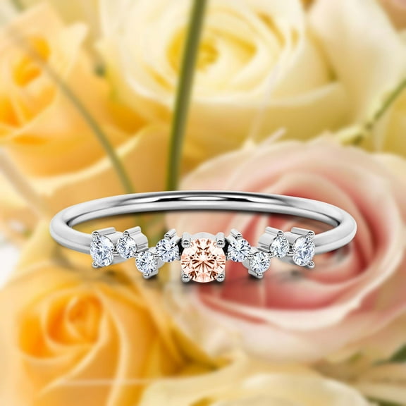 Vintage Looks ZigZag Style Minimalist 0.60 Carat Round Cut Morganite And Diamond Moissanite Unique Style Engagement Ring, Slim Ring, Wedding Ring in 10k Solid White Gold, Gift For Her, Promise Ring