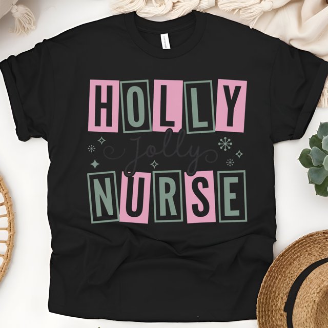 Holly Jolly Nurse Graphic T-Shirt with Fun Letter Design, Black, Size XL