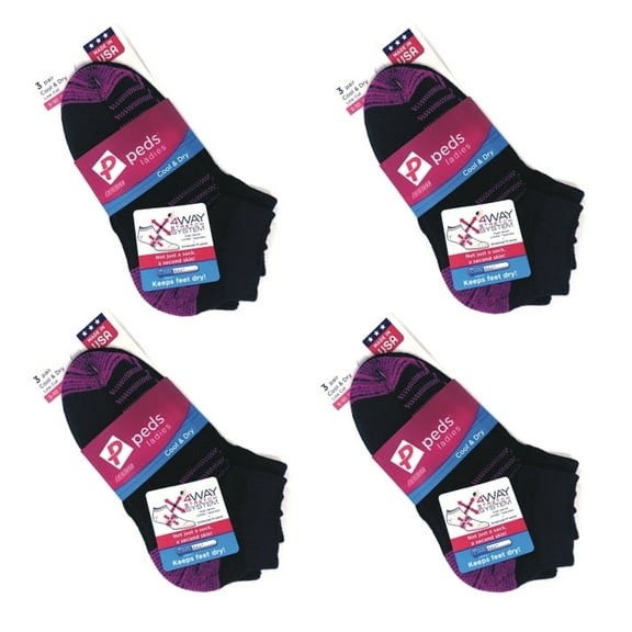 Bundle of 4 Packs - PEDS Active Cool & Dry Low Cut Ankle Socks - Black/Pink (3 Pack) Shoe Size 5-10