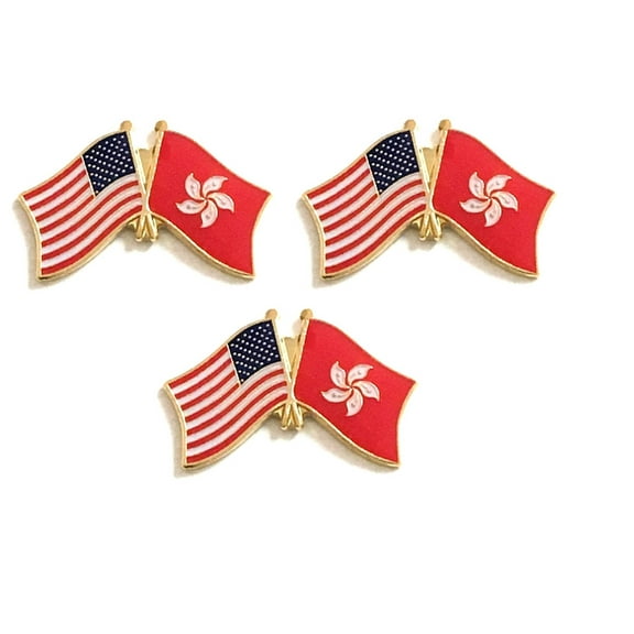Hong Kong & US Crossed Double Flag Lapel Pins, Pack of 3