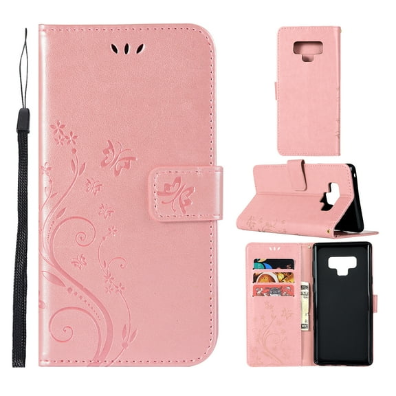 Note 9 Case, Samsung Galaxy Note 9 Case - Allytech Premium Wallet PU Leather with Fashion Embossed Flower Magnetic Clasp Card Holders Flip Cover with Hand Strap, Rosegold