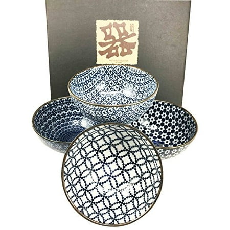 - Made in Japan Blue Geometry Glazed Ceramic Rice Meal Soup Dining Bowl Set 4.5