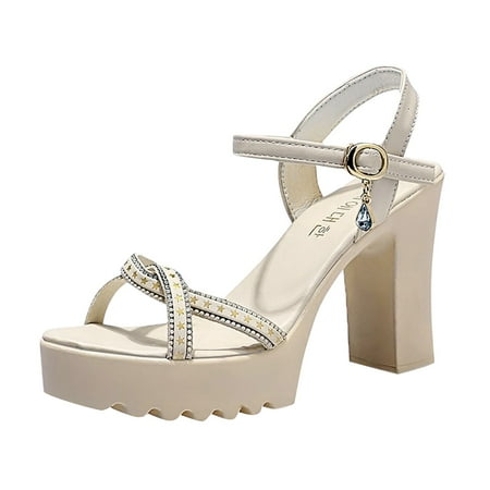 

zuwimk High Sandals For Women Women’s Block Heel Double Band Square Toe Heeled Sandal Slip On Shoes Beige