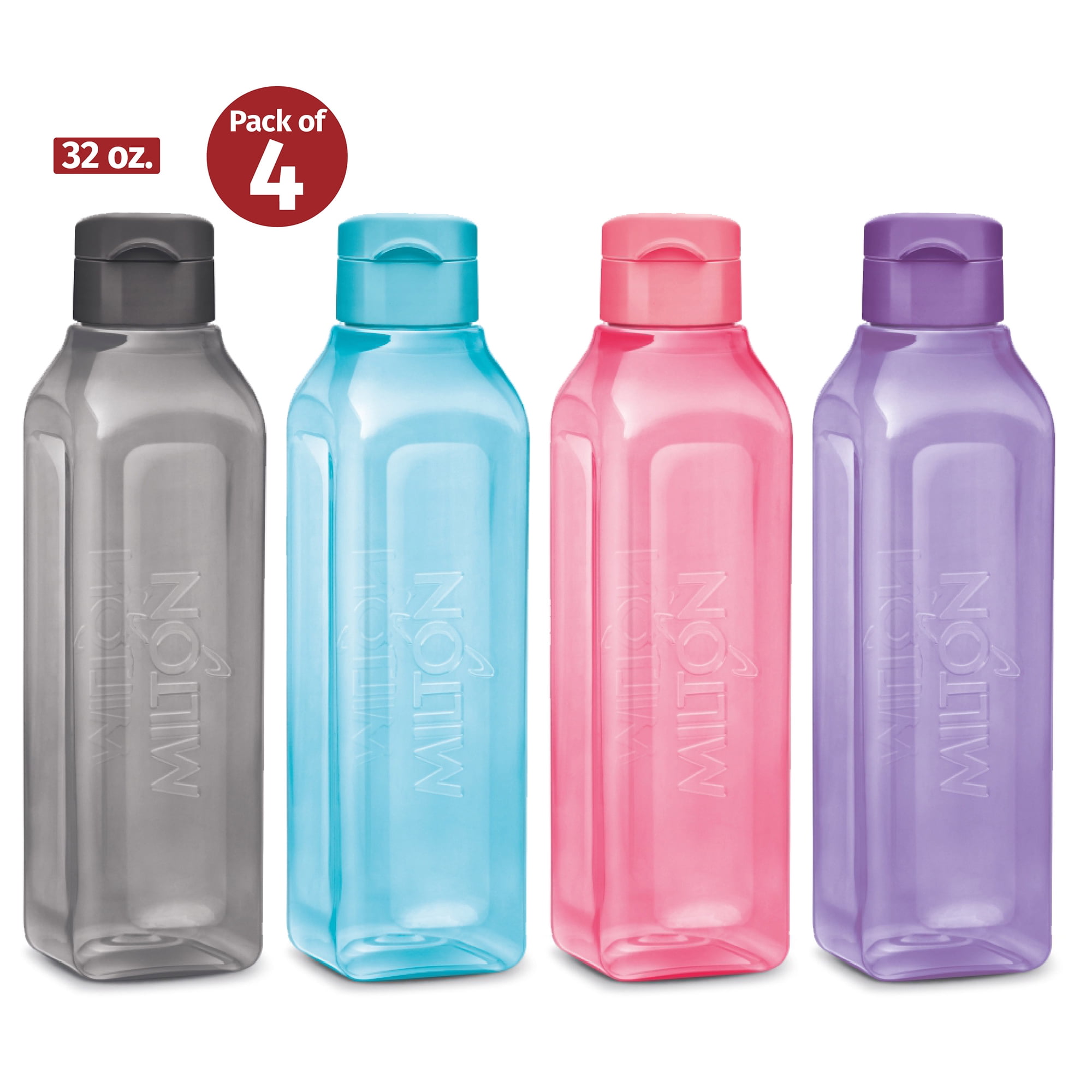 MILTON 4Pc Square Water Bottle Pack 32 Oz Reusable Plastic Bottles